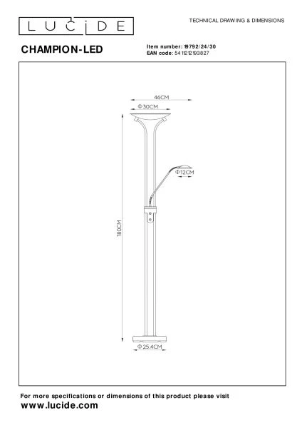 Lucide CHAMPION-LED - Floor reading lamp - Ø 30 cm - LED Dim. - 3000K - Black - technical